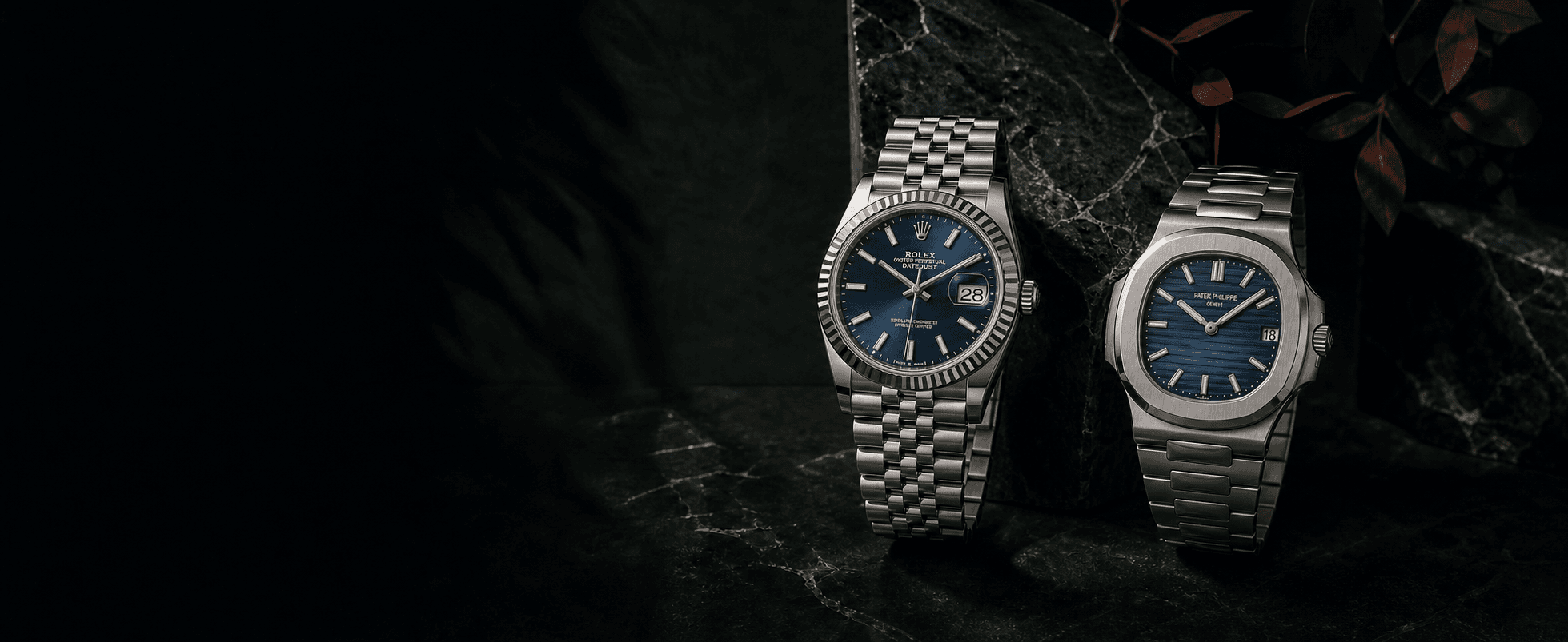 Rolex Datejust and Patek Philippe Nautilus in a dark editorial setting